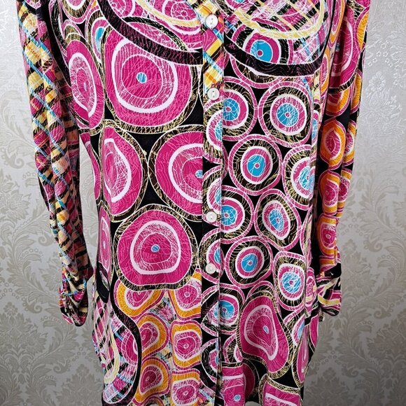 Peter Nygard Size M/L V-neck Button Front Shirt Geometric Print Ruched Sleeves - Picture 4 of 13